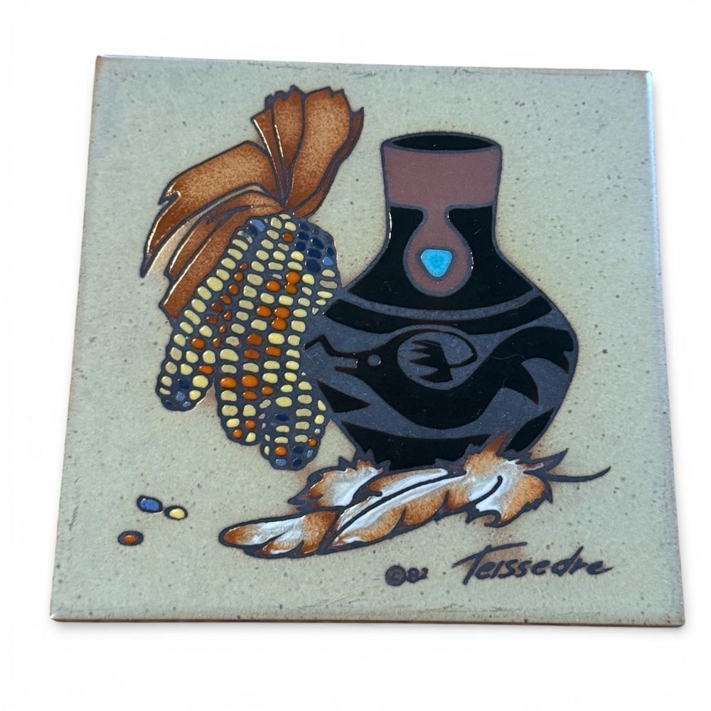 Vintage Cleo Teissedre Native American Art Wall Tile Coaster Trivet 5.75”x5.75”